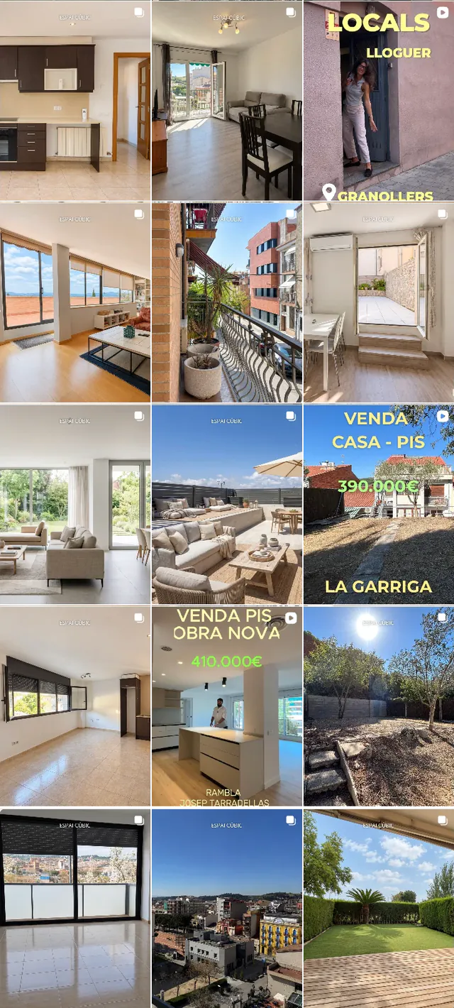 Feed d'Instagram d'Espai Cúbic amb publicacions d'immobles de Granollers i rodalies